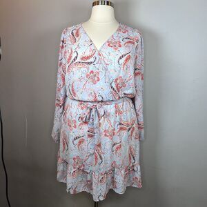 Jun & Ivy Dress Women’s Size 2X Blue & Pink Paisley V-Neck Belted Ruffled Lined